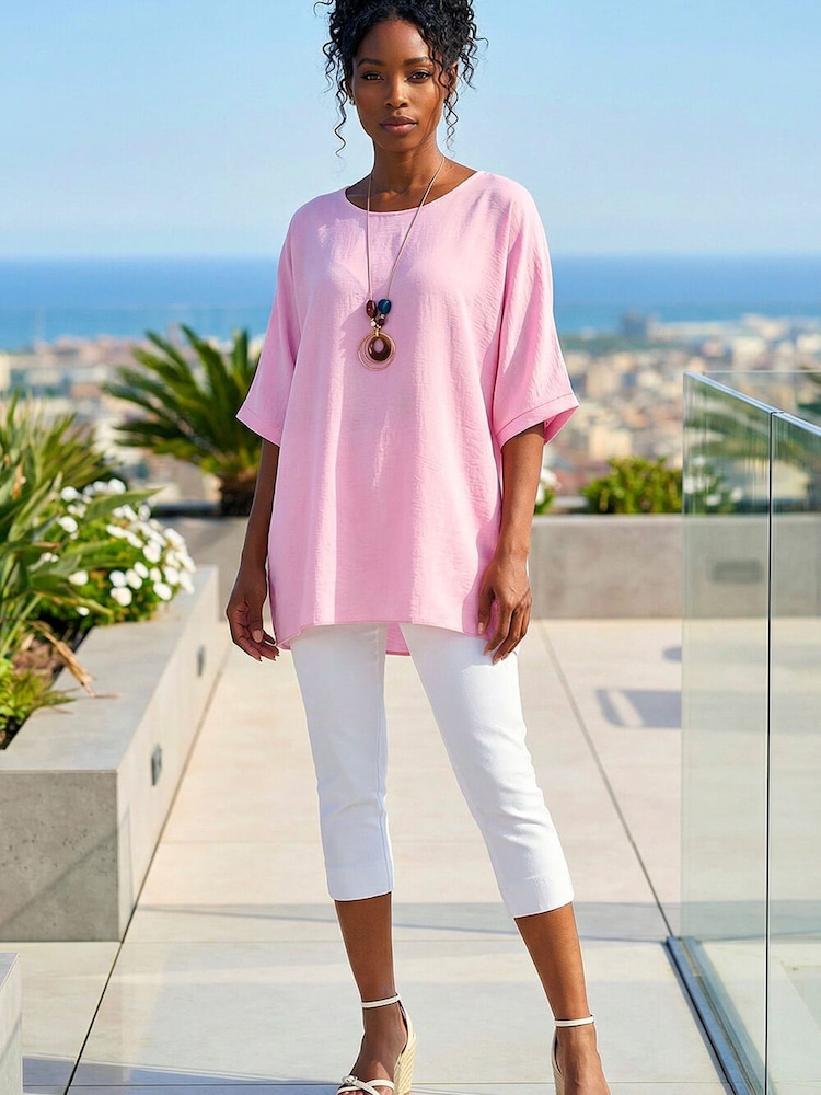 Roman Pink Plain Tunic Top with Necklace - Image 1 of 4 Roman Pink Plain Tunic Top with Necklace - Image 1 of 4