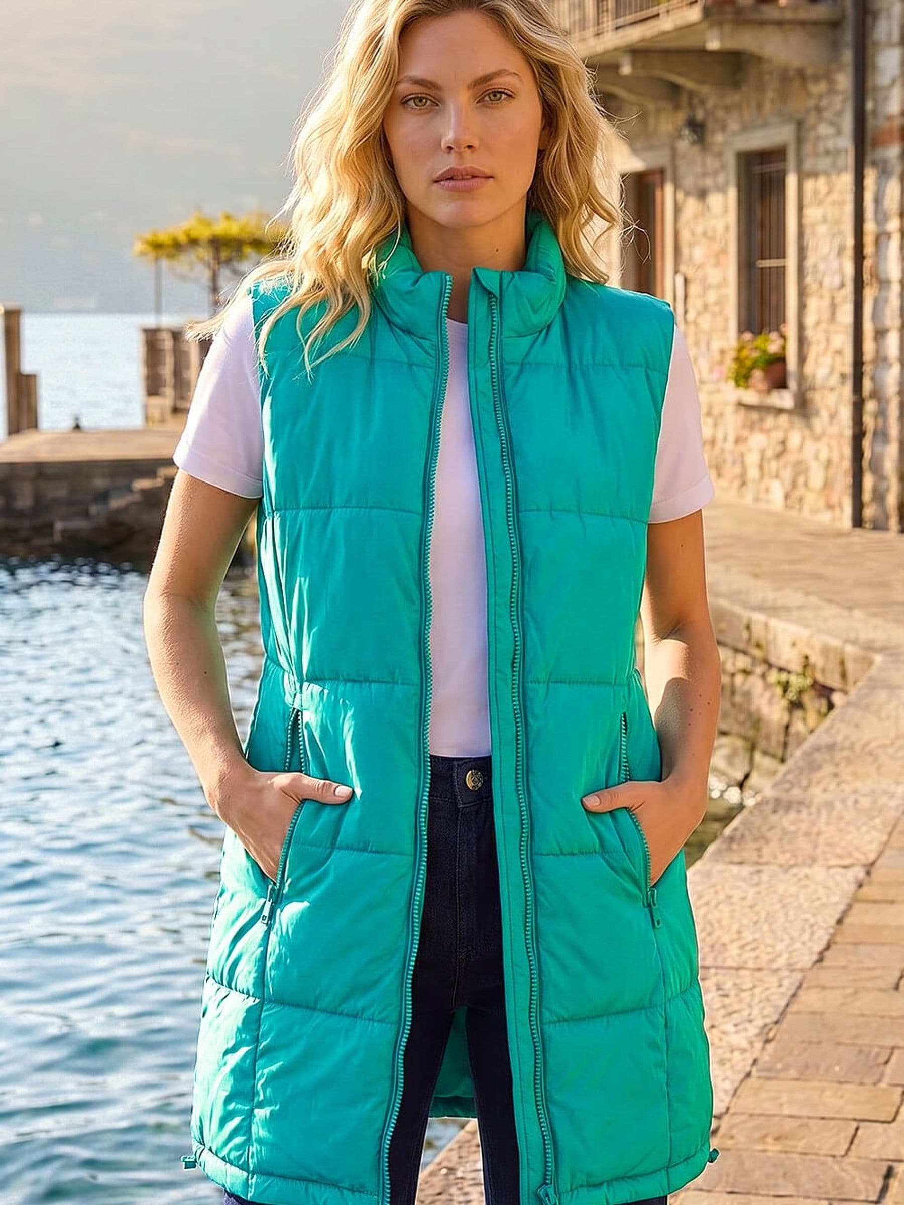 ら*い様 S / île シール sile curtain gilet Whit Buy Roman Blue Quilted Zip Detail Longline Gilet from Next Romania