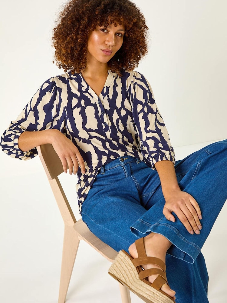 Roman Blue Mono Abstract Print Top - Image 1 of 5