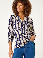 Roman Blue Mono Abstract Print Top - Image 2 of 5