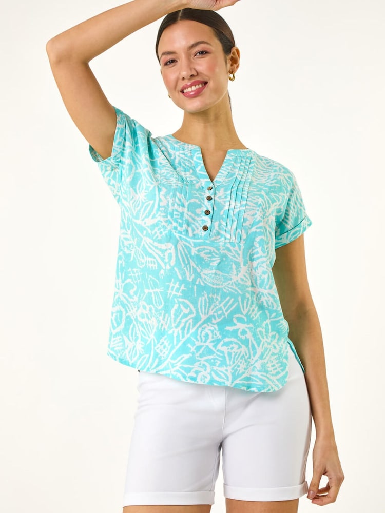 Roman Blue Leaf Print V-Neck Button Top - Image 2 of 5