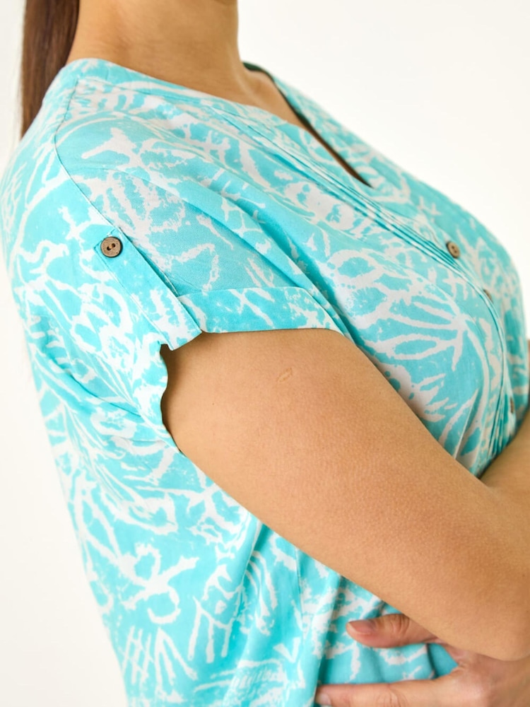 Roman Blue Leaf Print V-Neck Button Top - Image 5 of 5