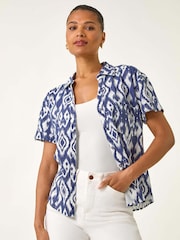 Roman Blue Ikat Print Linen Mix Shirt - Image 1 of 5