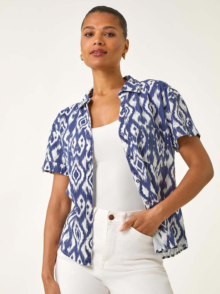 Roman Blue Ikat Print Linen Mix Shirt - Image 1 of 5