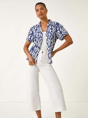 Roman Blue Ikat Print Linen Mix Shirt - Image 2 of 5