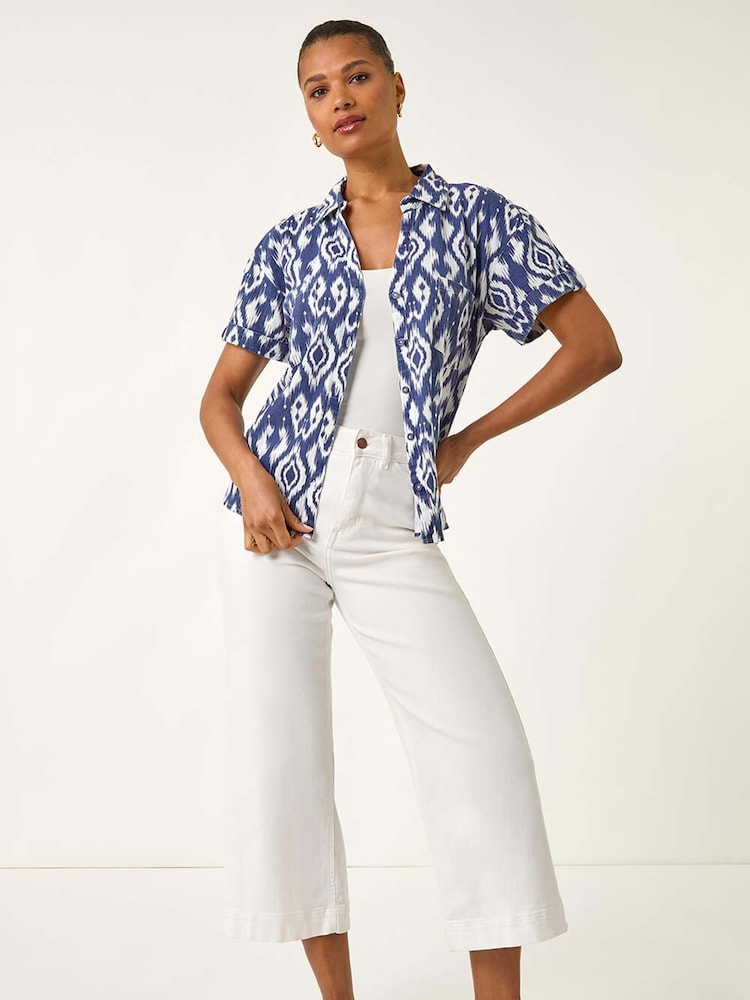 Roman Blue Ikat Print Linen Mix Shirt - Image 2 of 5