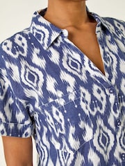 Roman Blue Ikat Print Linen Mix Shirt - Image 4 of 5