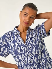 Roman Blue Ikat Print Linen Mix Shirt - Image 5 of 5