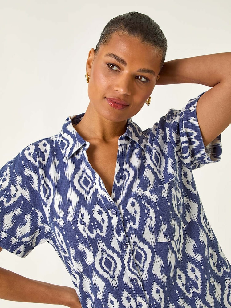 Roman Blue Ikat Print Linen Mix Shirt - Image 5 of 5