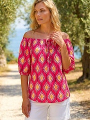 Roman Pink Printed Bardot Tie Front Stretch Top - Image 1 of 4