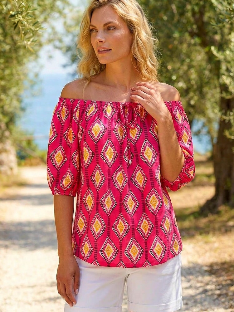 Roman Pink Printed Bardot Tie Front Stretch Top - Image 1 of 4