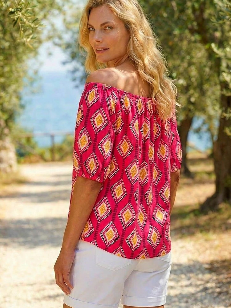 Roman Pink Printed Bardot Tie Front Stretch Top - Image 2 of 4