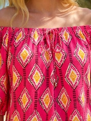 Roman Pink Printed Bardot Tie Front Stretch Top - Image 4 of 4