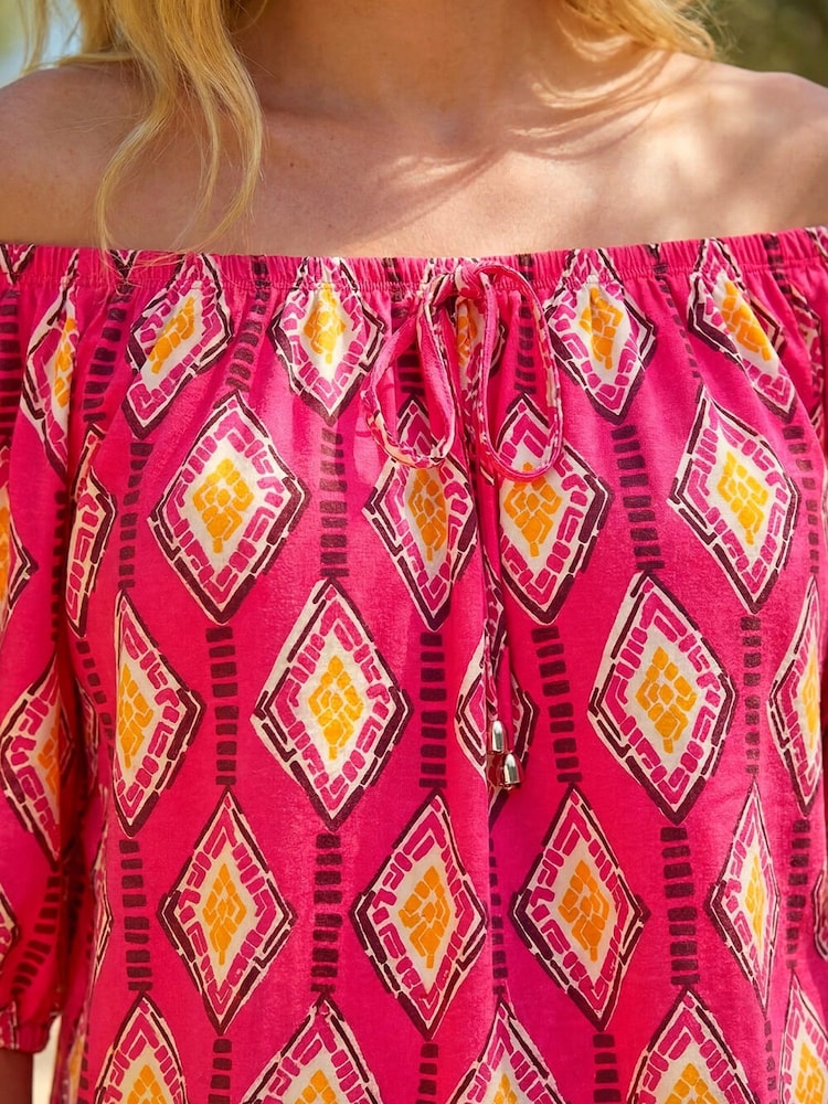 Roman Pink Printed Bardot Tie Front Stretch Top - Image 4 of 4