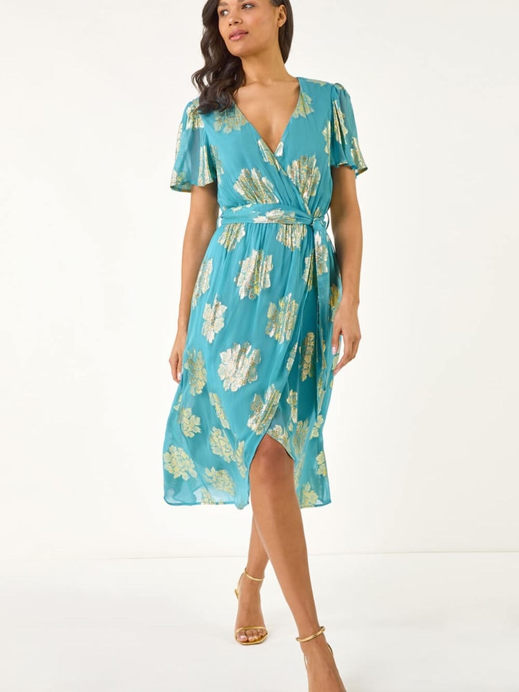 Roman Blue Jacquard Midi Wrap Dress - Image 1 of 5