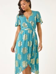 Roman Blue Jacquard Midi Wrap Dress - Image 3 of 5