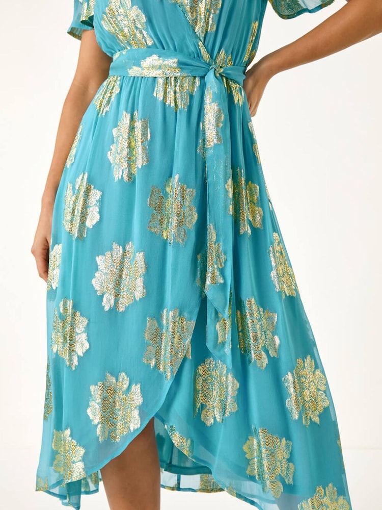 Roman Blue Jacquard Midi Wrap Dress - Image 6 of 6