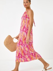 Roman Pink Gathered Palm Print Swing Stretch Dress - Image 1 of 5