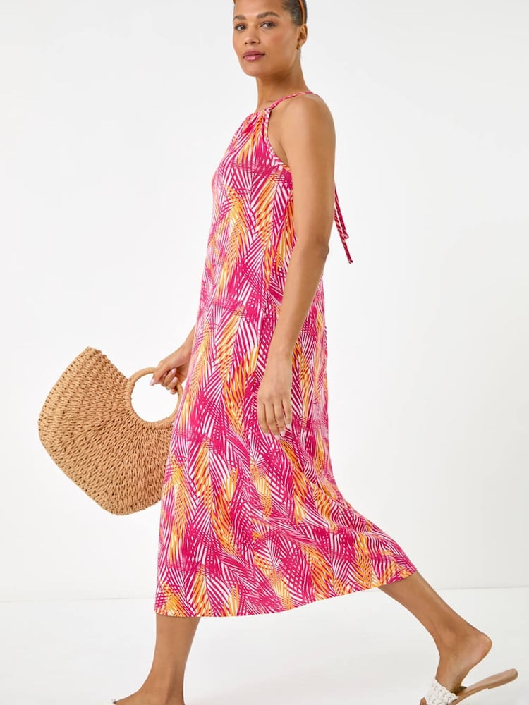 Roman Pink Gathered Palm Print Swing Stretch Dress - Image 1 of 5
