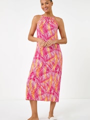 Roman Pink Gathered Palm Print Swing Stretch Dress - Image 3 of 5