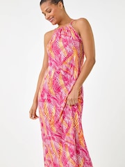 Roman Pink Gathered Palm Print Swing Stretch Dress - Image 4 of 5