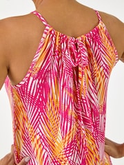 Roman Pink Gathered Palm Print Swing Stretch Dress - Image 5 of 5