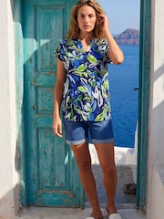 Roman Blue Textured Leaf Print V-Neck Stretch Top - Image 2 of 5