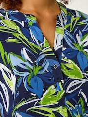 Roman Blue Textured Leaf Print V-Neck Stretch Top - Image 4 of 5