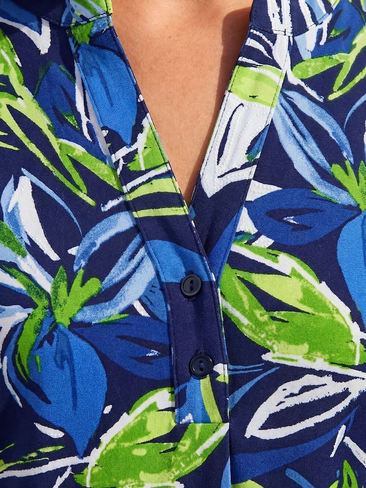 Roman Blue Textured Leaf Print V-Neck Stretch Top - Image 5 of 5 Roman Blue Textured Leaf Print V-Neck Stretch Top - Image 5 of 5