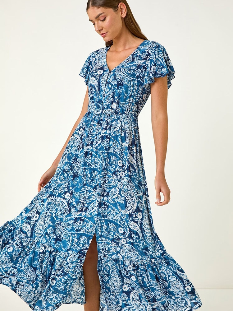 Roman Blue Paisley Print Crinkle Maxi Dress - Image 1 of 5 Roman Blue Paisley Print Crinkle Maxi Dress - Image 1 of 5