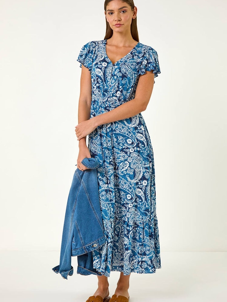 Roman Blue Paisley Print Crinkle Maxi Dress - Image 2 of 5 Roman Blue Paisley Print Crinkle Maxi Dress - Image 2 of 5