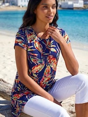 Roman Blue Leaf Print Hanky Hem Tunic Top - Image 1 of 4