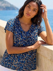 Roman Blue Printed Ruffle V-Neck Stretch Top - Image 1 of 5