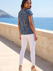 Roman Blue Printed Ruffle V-Neck Stretch Top - Image 4 of 5