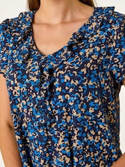 Roman Blue Printed Ruffle V-Neck Stretch Top - Image 5 of 5