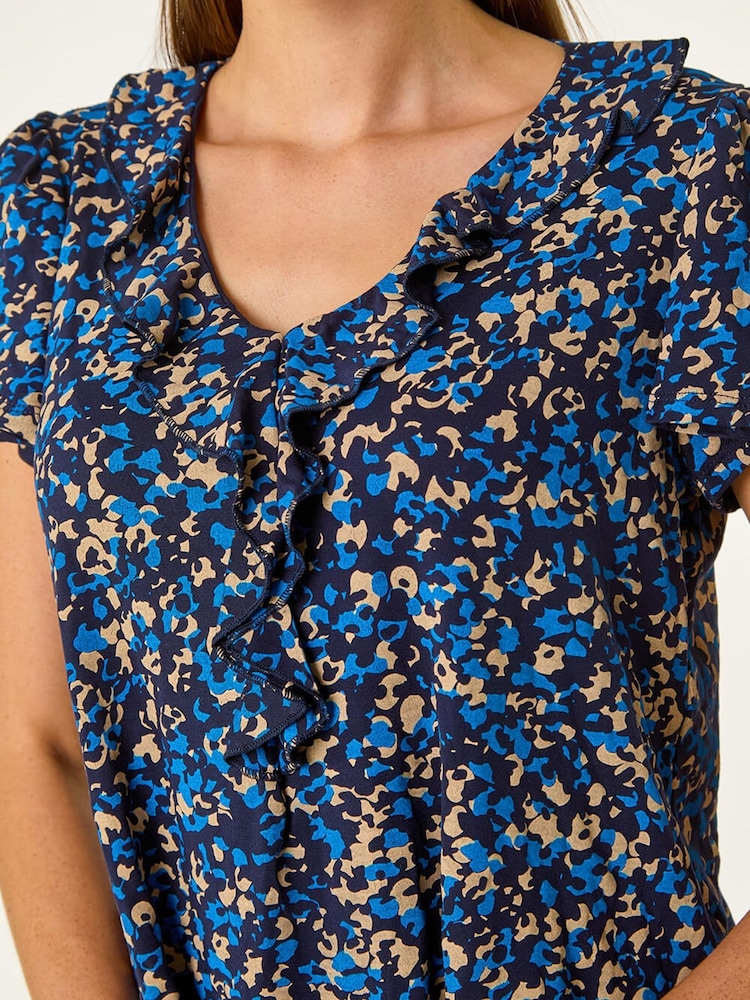 Roman Blue Printed Ruffle V-Neck Stretch Top - Image 5 of 5
