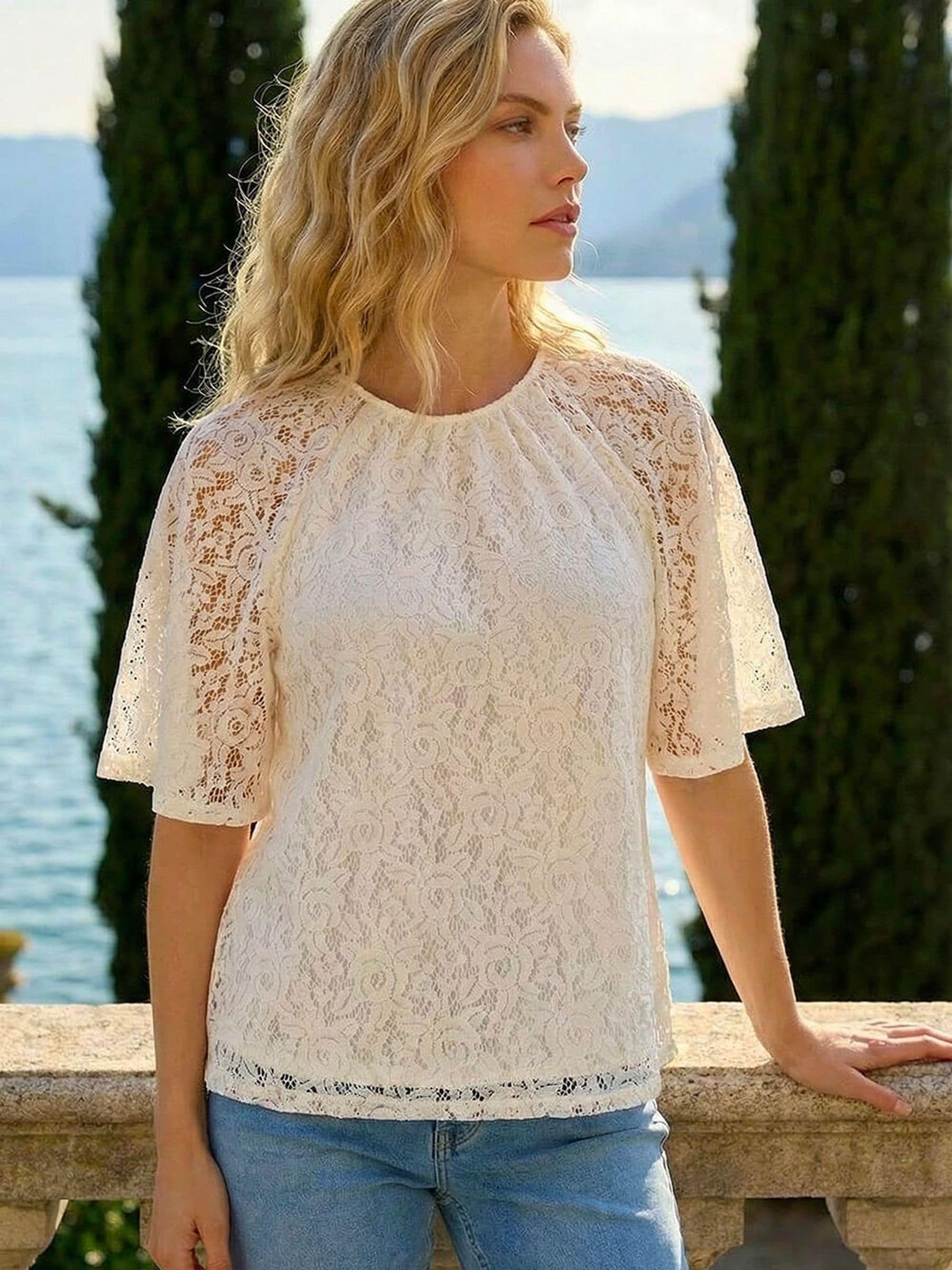 トップス y.ue Buy Roman White Lace Angel Sleeve Top from Next Romania