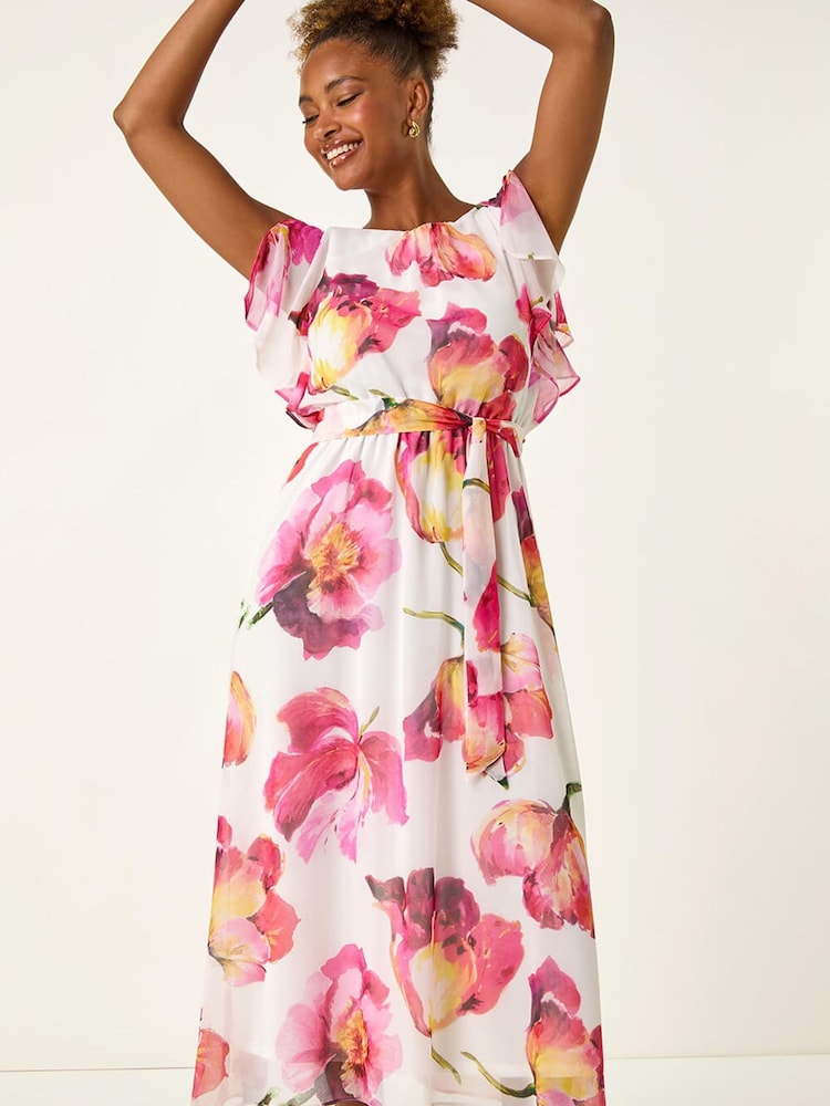 Roman White Split Sleeve Floral Midi Dress - Image 1 of 5