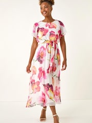 Roman White Split Sleeve Floral Midi Dress - Image 2 of 5