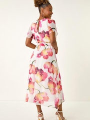 Roman White Split Sleeve Floral Midi Dress - Image 3 of 5