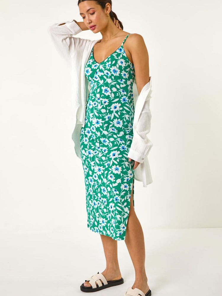 Roman Green Floral Strappy Midi Dress - Image 1 of 5