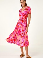 Roman Pink Shadow Floral Print Shirred Midi Dress - Image 1 of 5