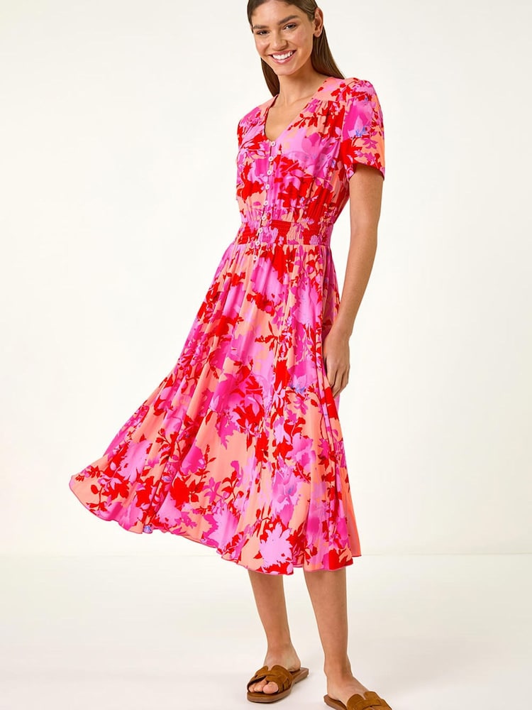 Roman Pink Shadow Floral Print Shirred Midi Dress - Image 1 of 5