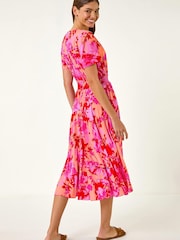 Roman Pink Shadow Floral Print Shirred Midi Dress - Image 2 of 5