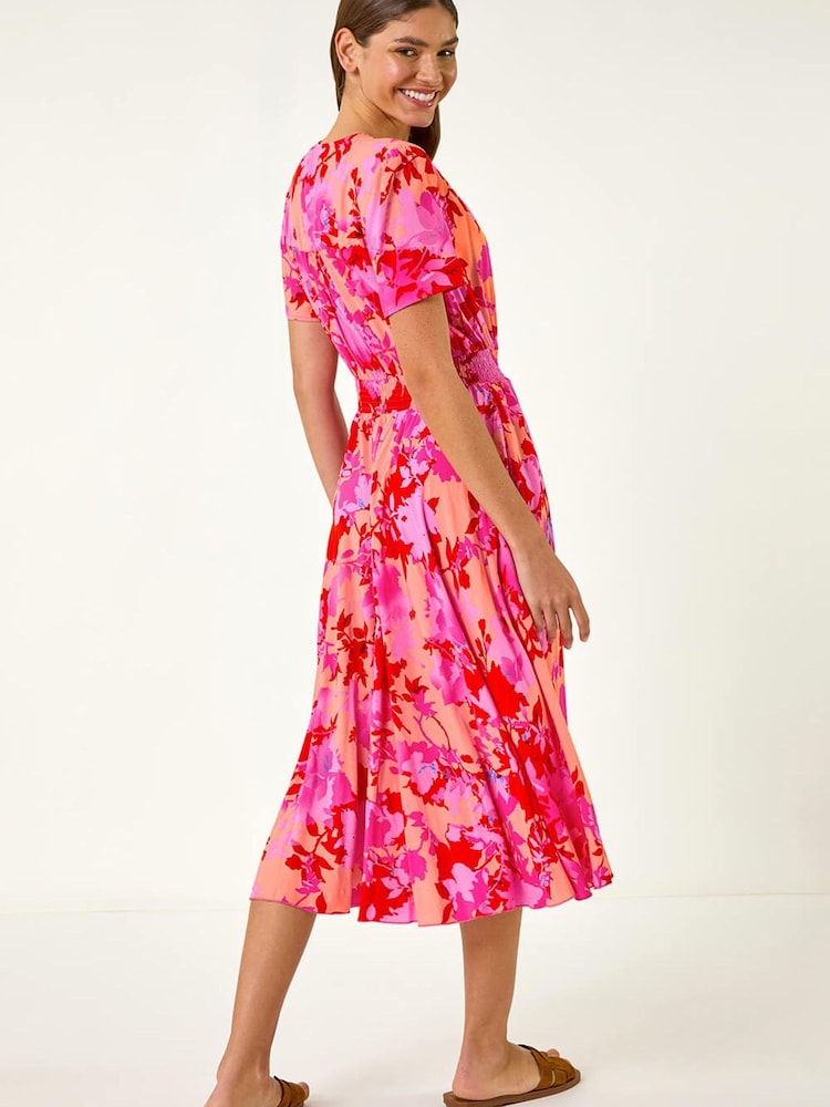 Roman Pink Shadow Floral Print Shirred Midi Dress - Image 2 of 5