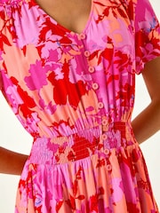 Roman Pink Shadow Floral Print Shirred Midi Dress - Image 3 of 5