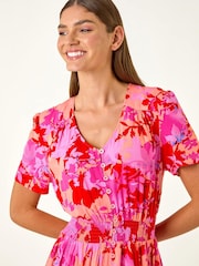Roman Pink Shadow Floral Print Shirred Midi Dress - Image 4 of 5
