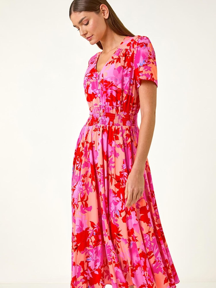 Roman Pink Shadow Floral Print Shirred Midi Dress - Image 5 of 5