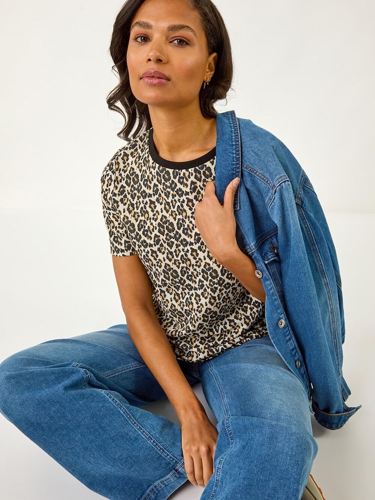 Roman Natural Textured Animal Print Stretch Tee - Image 1 of 5 Roman Natural Textured Animal Print Stretch Tee - Image 1 of 5