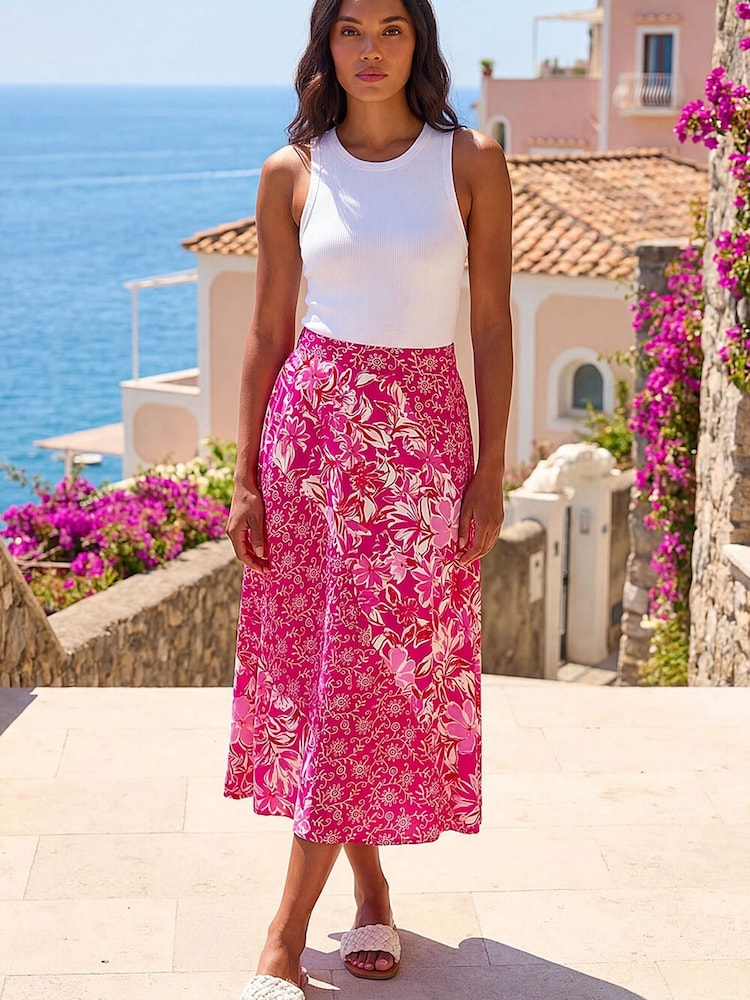 Roman Pink Vivid Multi Floral Print A-Line Skirt - Image 1 of 5 Roman Pink Vivid Multi Floral Print A-Line Skirt - Image 1 of 5